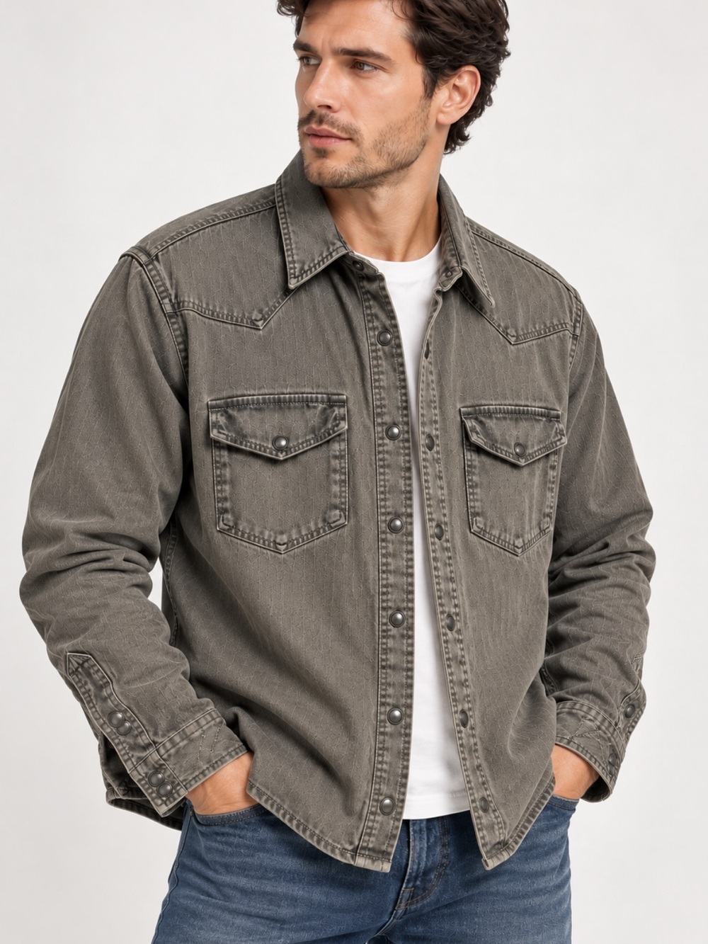 American Eagle Men’s L Gray Western Shirt Jacket Heavyweight Cotton Snap Front
